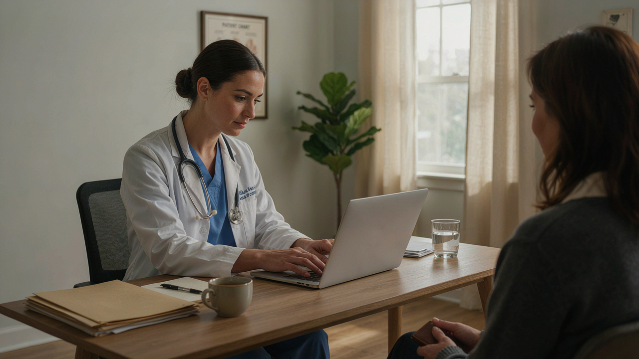 doctor in clinic use medical record electronic in her laptop while consulting her patient