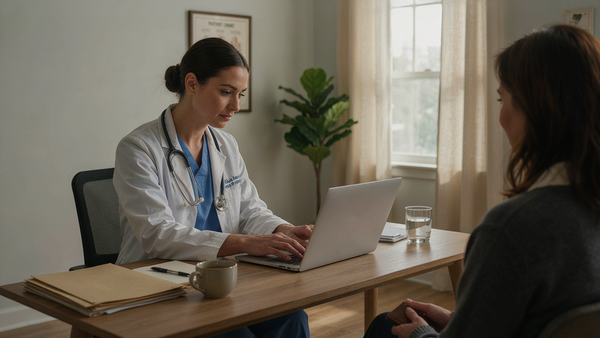 doctor in clinic use medical record electronic in her laptop while consulting her patient
